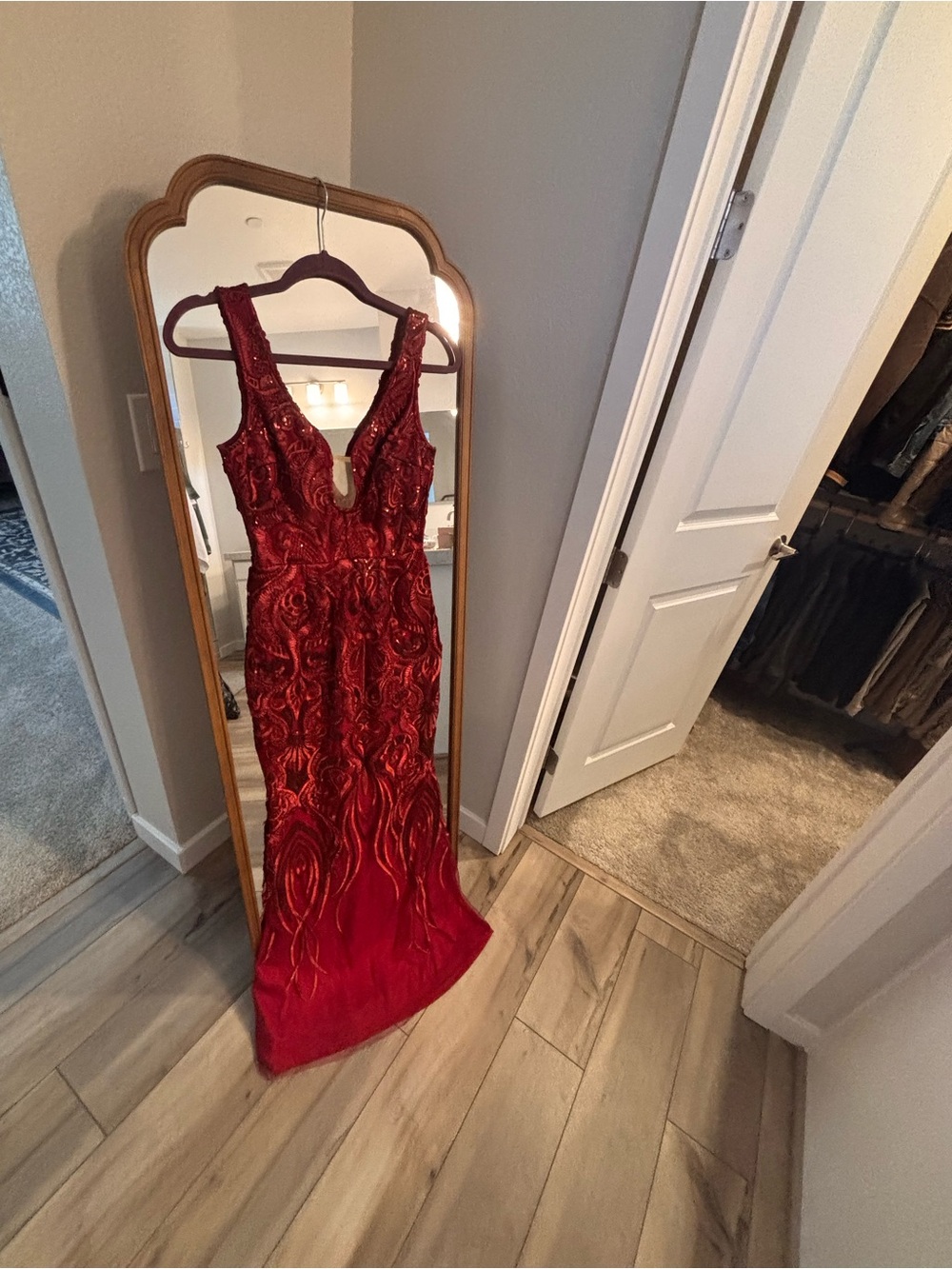 Red Beaded V-Neck Evening Gown